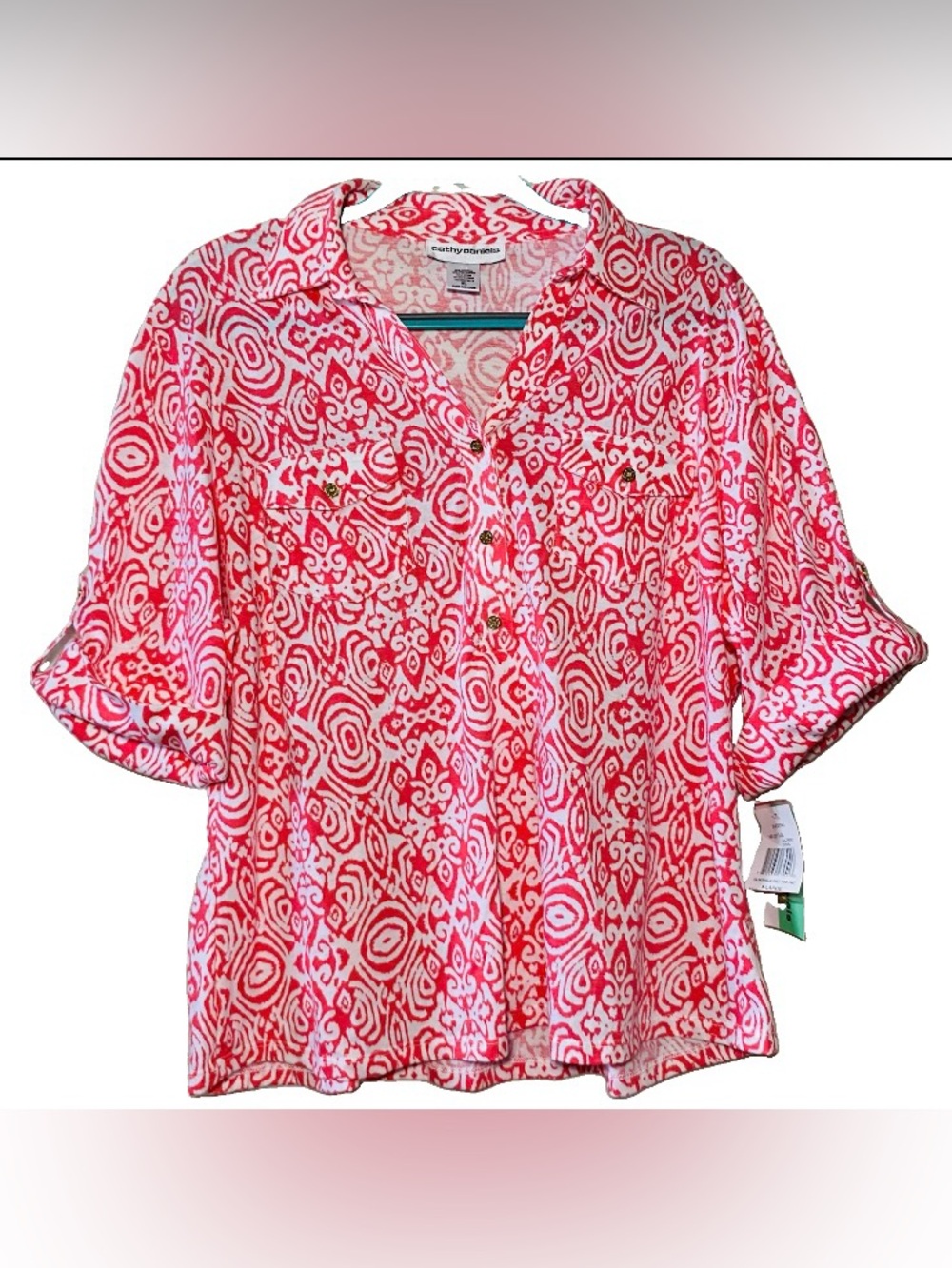 Cathy Daniels Coral & White Abstract Print Button-Down Shirt